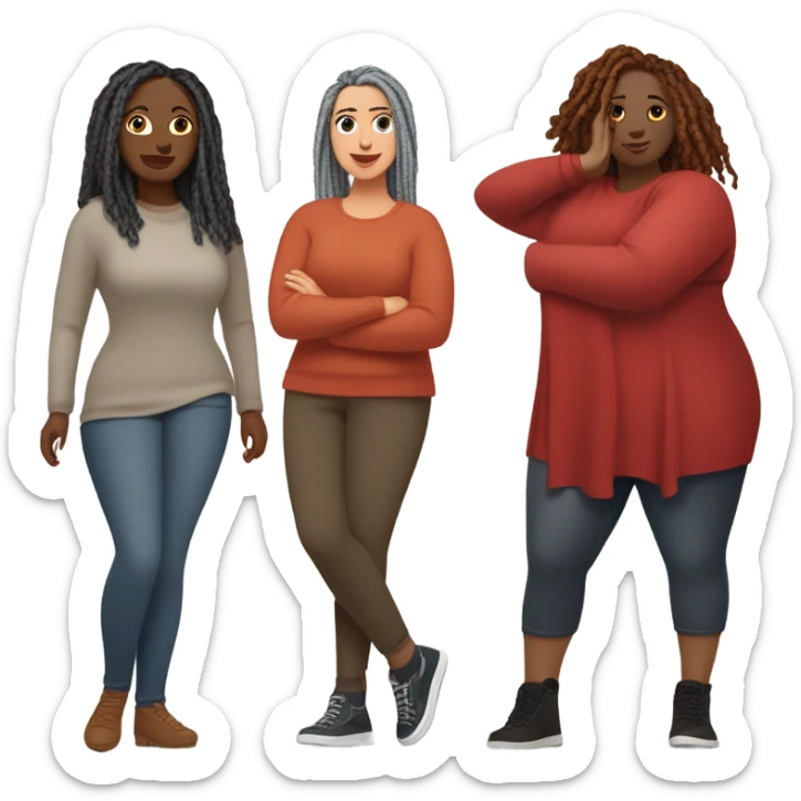 Curvy woman with gray locs wearing pants , other curvy woman is brown with red locs in a knee-length dress with a cozy sweater, shopping in yardsale sticker