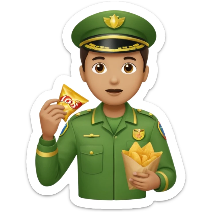 supermarket collegue wearing a green uniform and eating a packet of crisps sticker