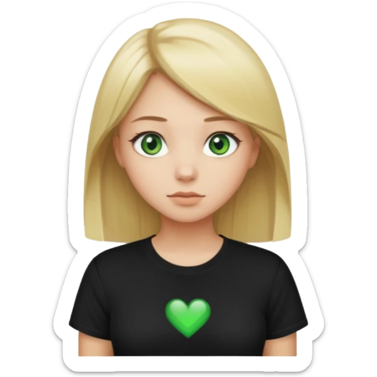 Girl with green eyes, blonde with straight hair to the chest in a black t-shirt sticker