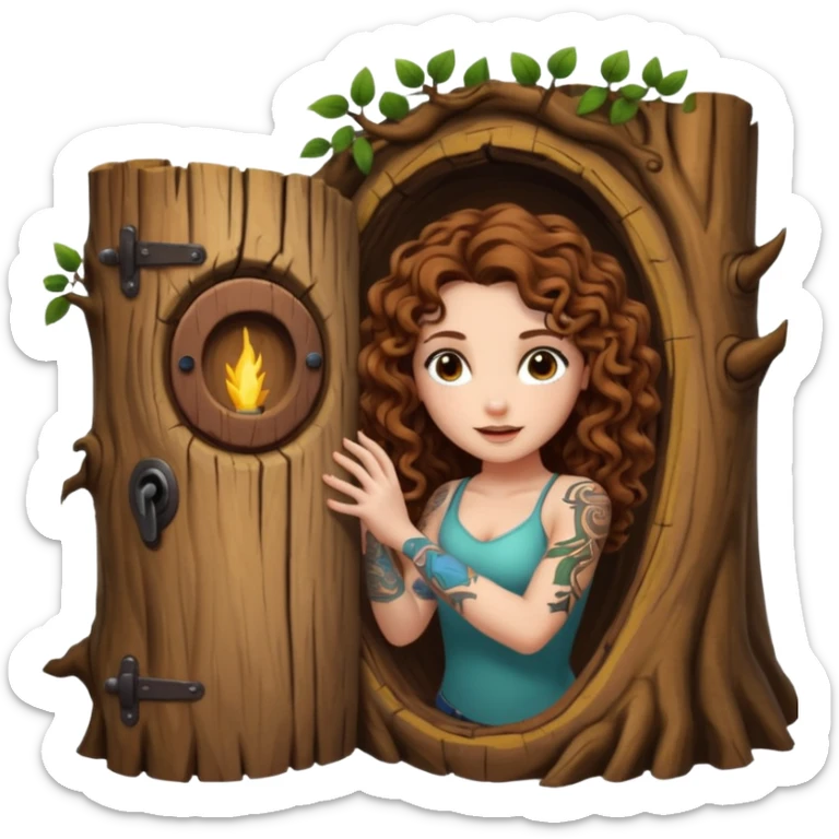 woman with long curly brown hair, brown eyes, white skin, tattoos, opening a tree trunk like a secret door portal sticker