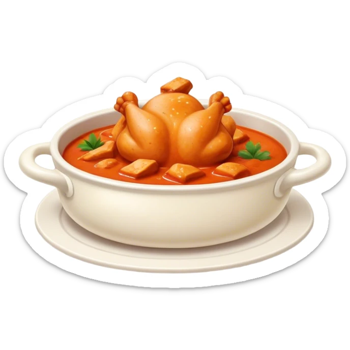 Cinematic Realistic Butter Chicken Dish Emoji, depicted with tender chicken simmered in a creamy tomato‚Äêbased sauce rendered with rich textures and dynamic, appetizing lighting. sticker