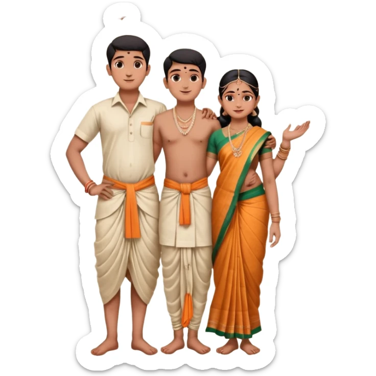 31 years young and small Brahmin boy with traditional formal cotton shirt and cotton lungi is pleasent peaceful thankful to 18 years young and fat and tall Brahmin girl with the complete decoration of bharatanatyam as godess lakshmi devi. sticker