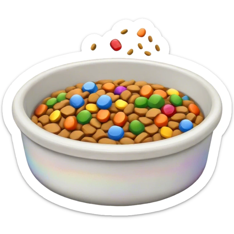 tiger  pet food bowl with, the food is piled on top of the bowl where it is so full. Make the kibble in the food bowl white with rainbow pieces sticker