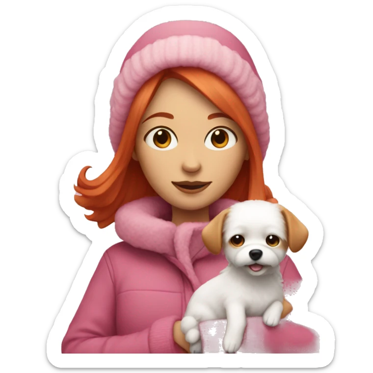 Woman with red hair wearing pink winter clothes holding a small white fluffy dog sticker