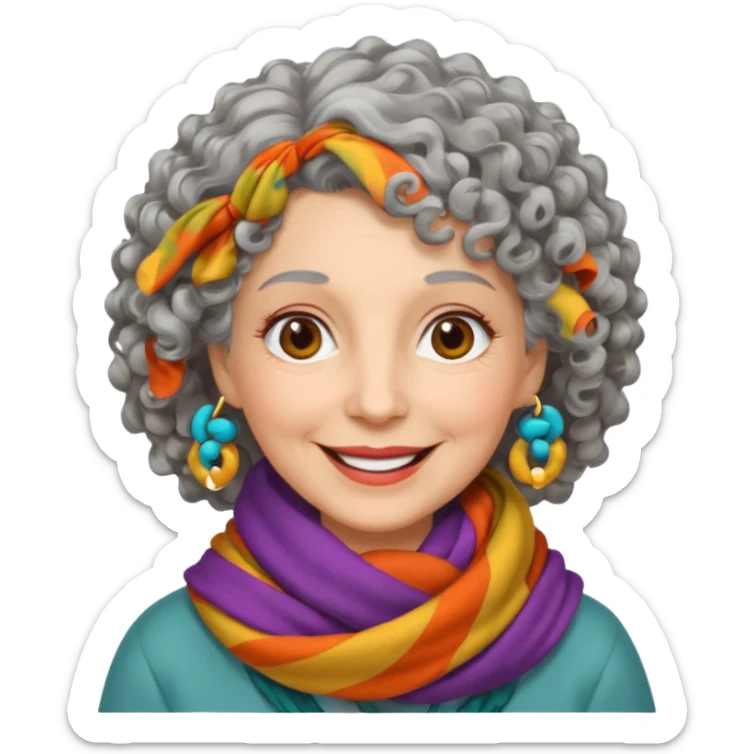 emoji of a lady in her 70s, curly gray hair, wearing a colorful scarf, smiling sticker