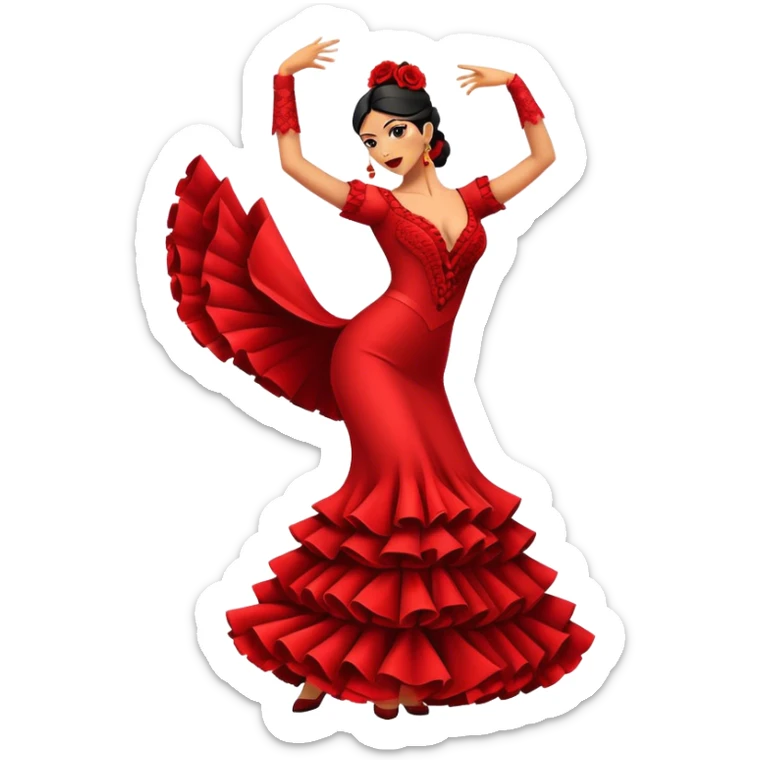 Cinematic Realistic Flamenco Dance Emoji, depicted as a passionate expressive flamenco performance with dramatic costumes and dynamic fiery movements, rendered with vibrant textures and bold energetic lighting that captures its intense rhythm. sticker