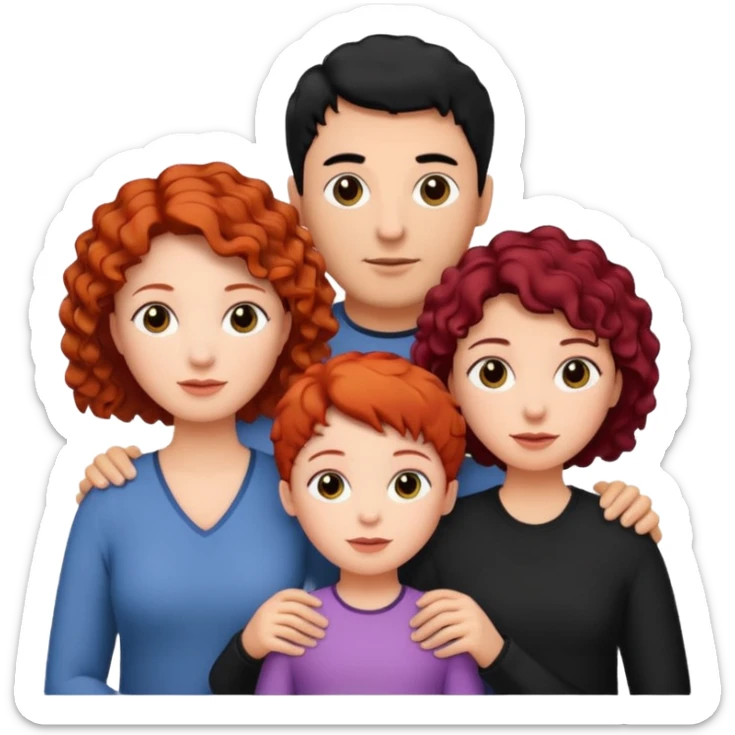 a family of three, all three white: the mother with short, curly red hair, the father with black hair, and the daughter with black hair. sticker