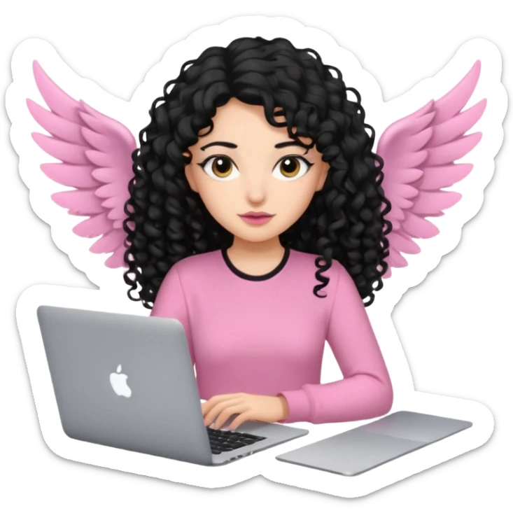 a girl typing mac book air with long black curly hair and brown eyes with winged black eyeliner, pink shirt sticker