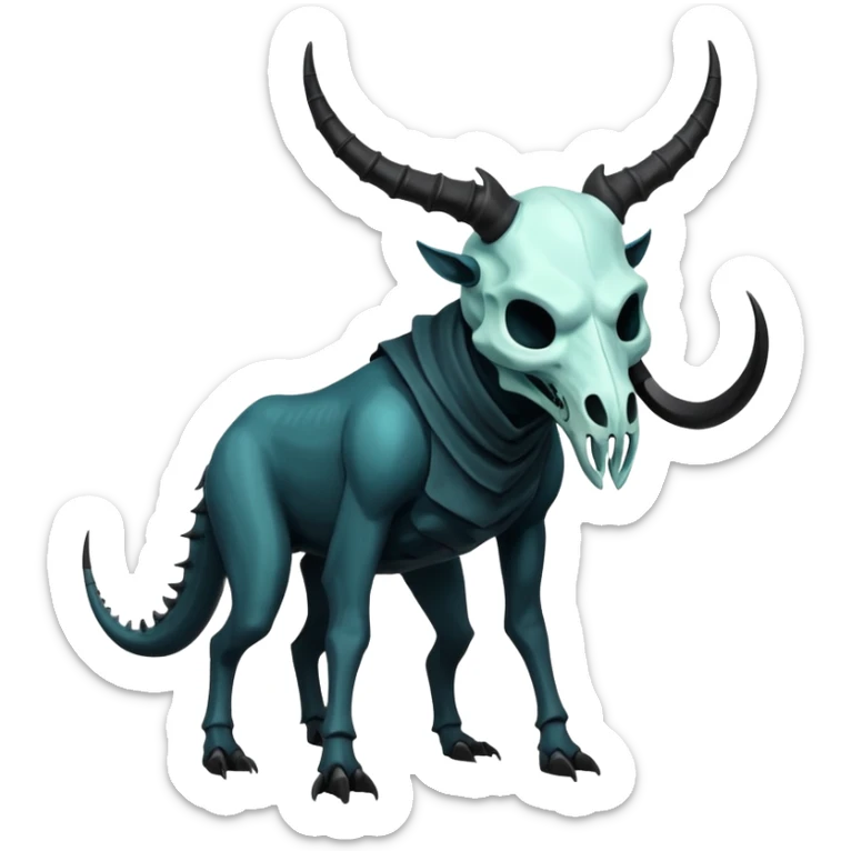 Shiny Dark Edgy  Inteleon-Amaura-Fakémon-hybrid-creature (full body) with a horned animal-skull-mask-face sticker