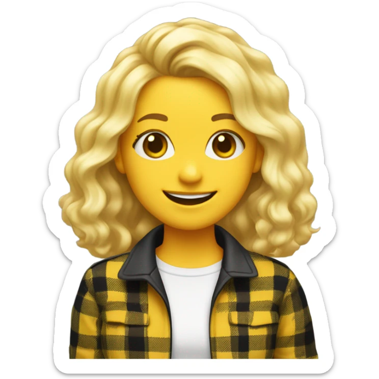 Teen girl with blonde hair pass shoulders a very 90s sense of fashion with a big smile, ditzy, and wearing yellow and black plaid sticker