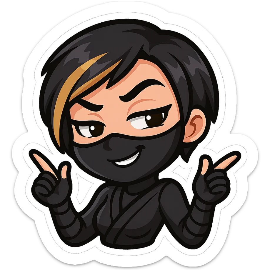 Sexy chibi ninja girl with black short hair and a blonde streak, only head and arms, colorful chibi style with bold outlines, transparent background, no mask, smug expression with a sly grin and one eyebrow raised, sized for Twitch emoji use. sticker