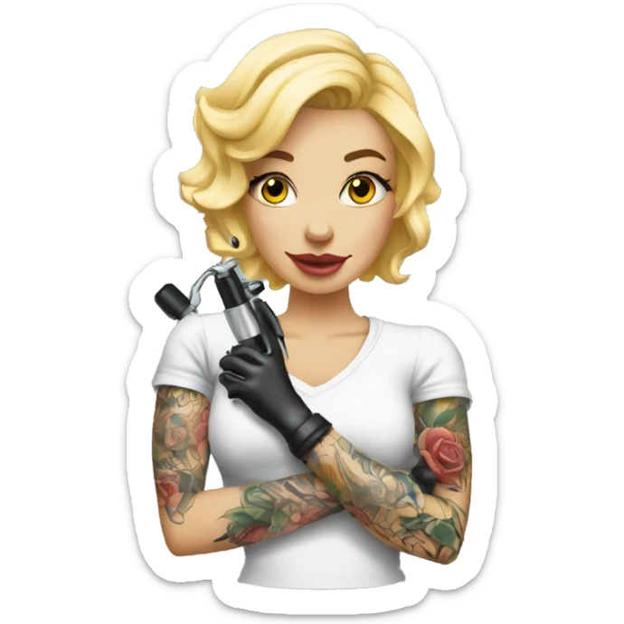 blonde tattoo artist with tattoo holding tattoo machine sticker