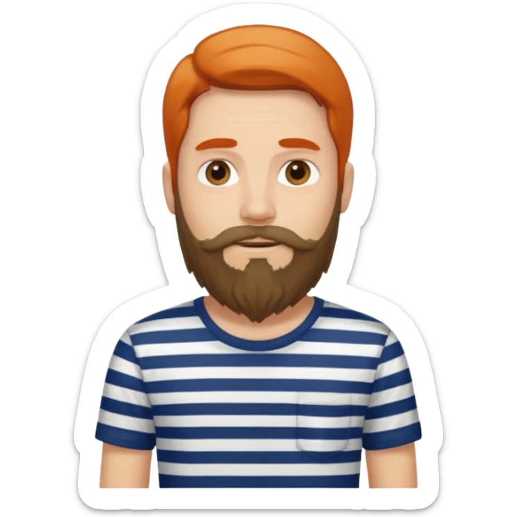 He has long hair and a beard but no moustache and wears a vertically striped t-shirt. sticker