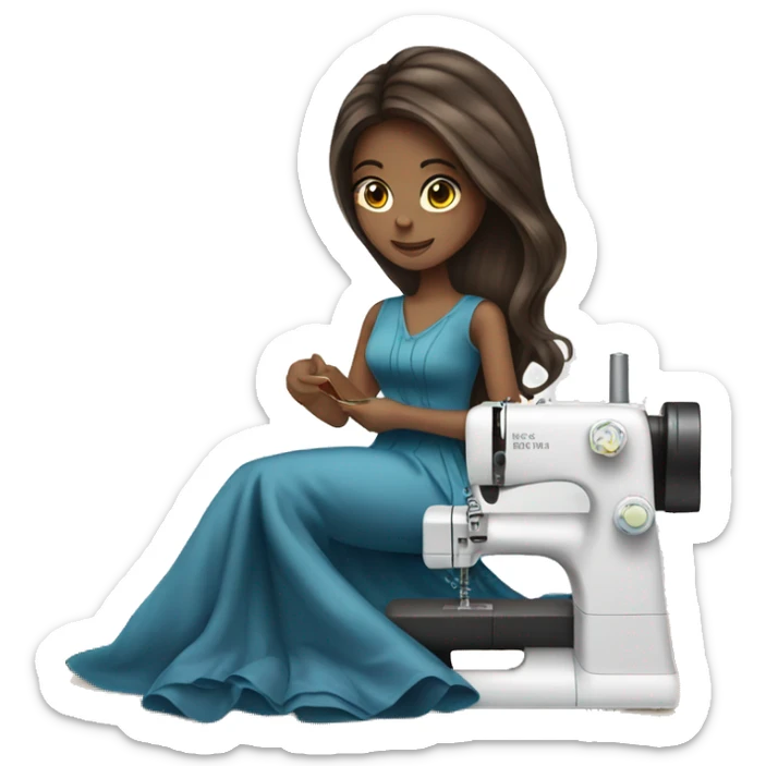 Brunette  girl long hair fashion designer sewing a dress sticker