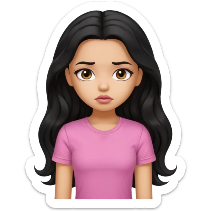 a pretty bratz girl with long wavy black hair, wearing a pink tshirt. looking sad sticker