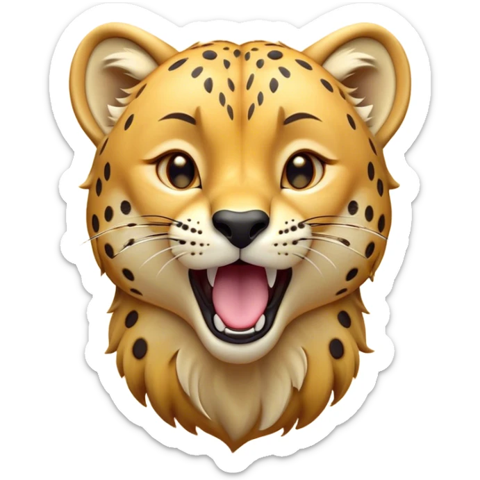Cinematic Cute Yawning Cheetah Portrait Emoji, Head tilted slightly with a dramatic, wide-open yawn, showcasing a soft, sleek golden Fur with distinctive spots and floppy ears slightly drooping, round amber eyes barely open in drowsy contentment, Simplified yet irresistibly adorable features, highly detailed, glowing with a soft, cozy glow, high shine, relaxed yet expressive, stylized with a touch of savannah whimsy, bright and endearing, soft glowing outline, capturing the essence of a sleepy yet affectionate cheetah, so drowsy it feels like it could stretch right out of the screen and curl up for a nap! sticker