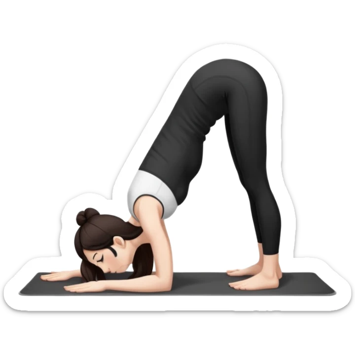 Девушка белокожая в позе собака мордой вниз, с длинными темными волосами, в коротком белом топе, в черных лосинах, с черными ресницами sticker