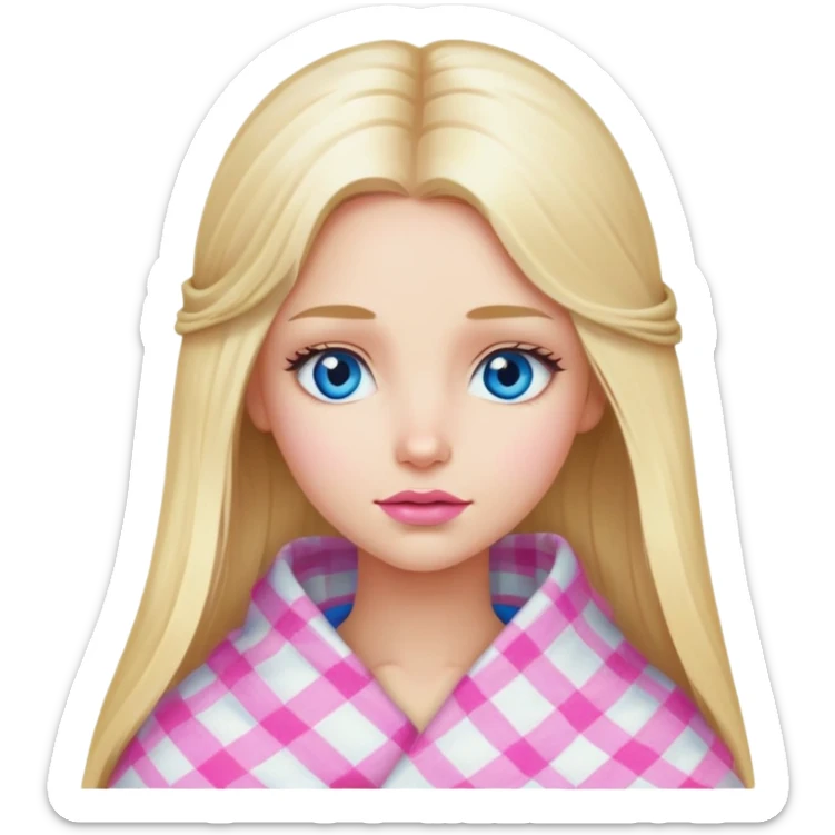 A beautiful blonde girl with long hair, blue eyes, pink lips is wrapped in a white plaid with her head sticker