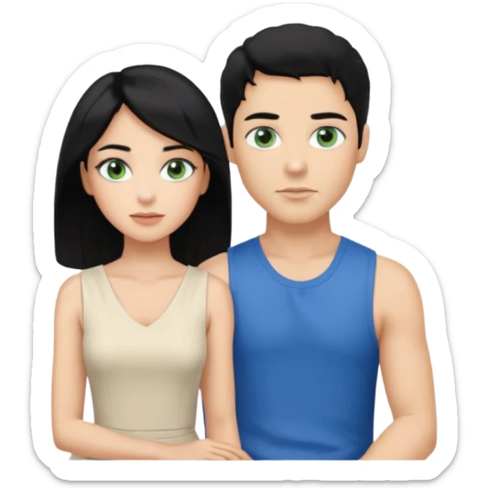 prince,  black Hair, blue eyes, garment,  woman, siiting in man white sleveless dress, blonde hair, green eyes, sticker