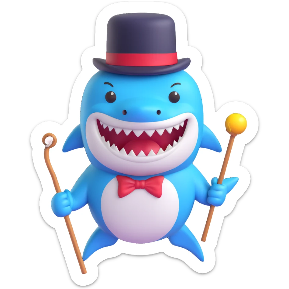 Add a cane to the shark with a top hat, keep the playful 3D emoji style, no background. sticker