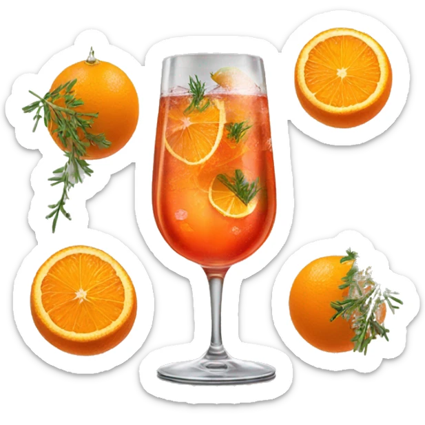 An Aperol spritz in a glass with ice, a strand of thyme in it, and a slice of an orange  sticker