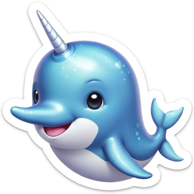 Cinematic Cute Narwhal Portrait Emoji, Head tilted playfully and inquisitively, with a glossy, shimmering body highlighted by its iconic tusk and sparkling eyes filled with wonder, Simplified yet irresistibly adorable features, highly detailed, glowing with a warm, friendly glow, high shine, affectionate and lively, stylized with a touch of whimsical charm, bright and endearing, soft glowing outline, capturing the essence of a mischievous marine marvel that feels like it could frolic out of the screen into your heart! sticker