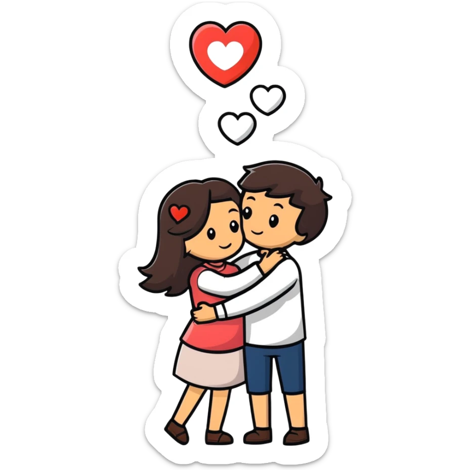 A couple embracing each other. The man has mestizo skin tone, slightly long dark brown straight hair. The woman has light skin, long dark brown hair. White hearts floating around them. sticker