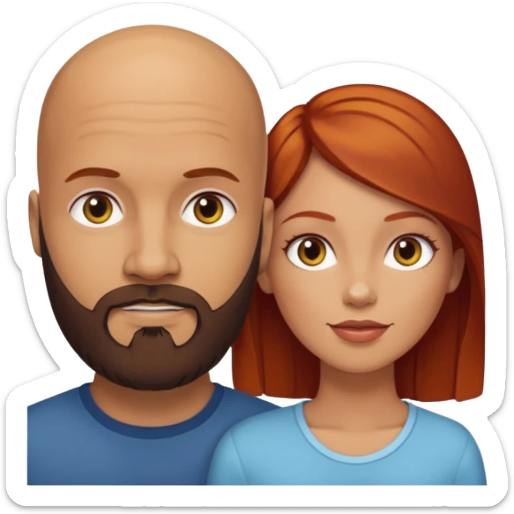 Couple. A bald man with dark brown beard and a girl with light skin. She is a redhead and has dark yellow brown auburn hair. Different skincolor. She has very light skin. sticker