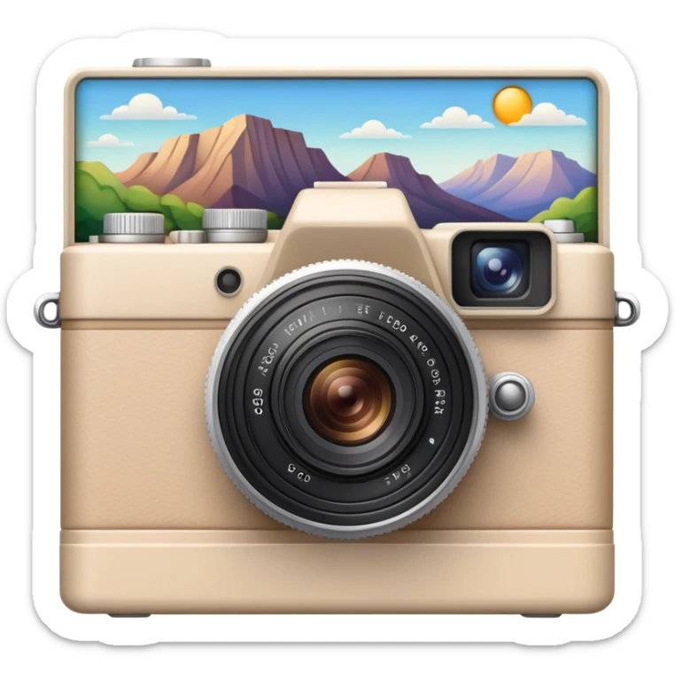 A beige camera and next to it a landscape photograph of the frame behind the camera sticker