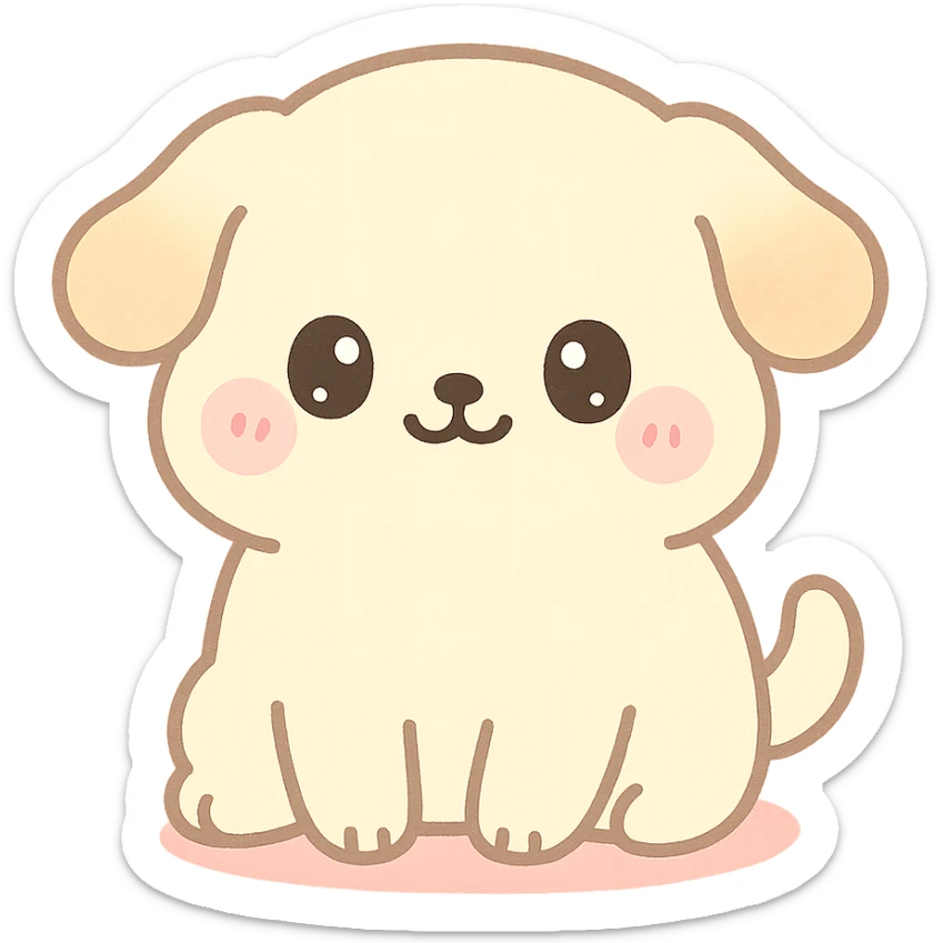 super kawaii, fluffy chubby puppy sitting, round face, big sparkly eyes, blushing cheeks, tiny limbs, short tail, soft fluffy fur; hand-drawn Japanese kawaii style, watercolor pastel tone, consistent colors cream, pastel pink, pastel yellow, baby blue sticker