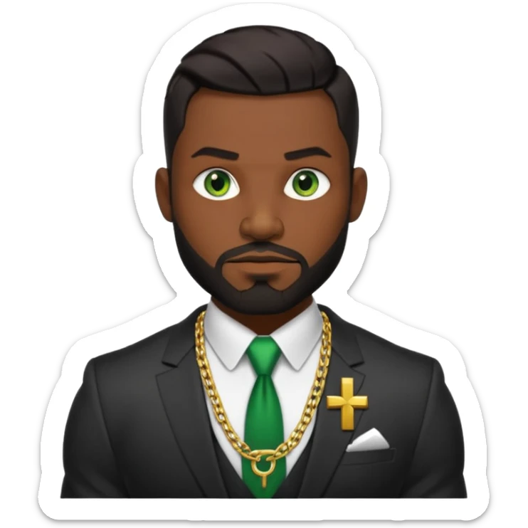 green eyes, dark short hair, muscular shoulders, wide cross, gold chain, big lips big nose big eyes, masculine good looking, dark beard wearing a suit sticker