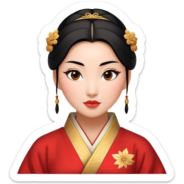 Cinematic Realistic Noble Mulan Portrait, depicted with lifelike, warm light-toned skin that reveals subtle texture and natural shadows. Her sleek black hair is intricately styled into a traditional bun with every strand rendered in exquisite detail, and her almond-shaped eyes, full of quiet resolve, are softly illuminated. She wears a meticulously detailed traditional robe with delicate red and gold accents, its rich fabric textures and gentle folds catching the light beautifully. The portrait radiates a natural, enchanting glow, capturing Mulan’s inner strength and timeless grace in a realistically painterly style. sticker