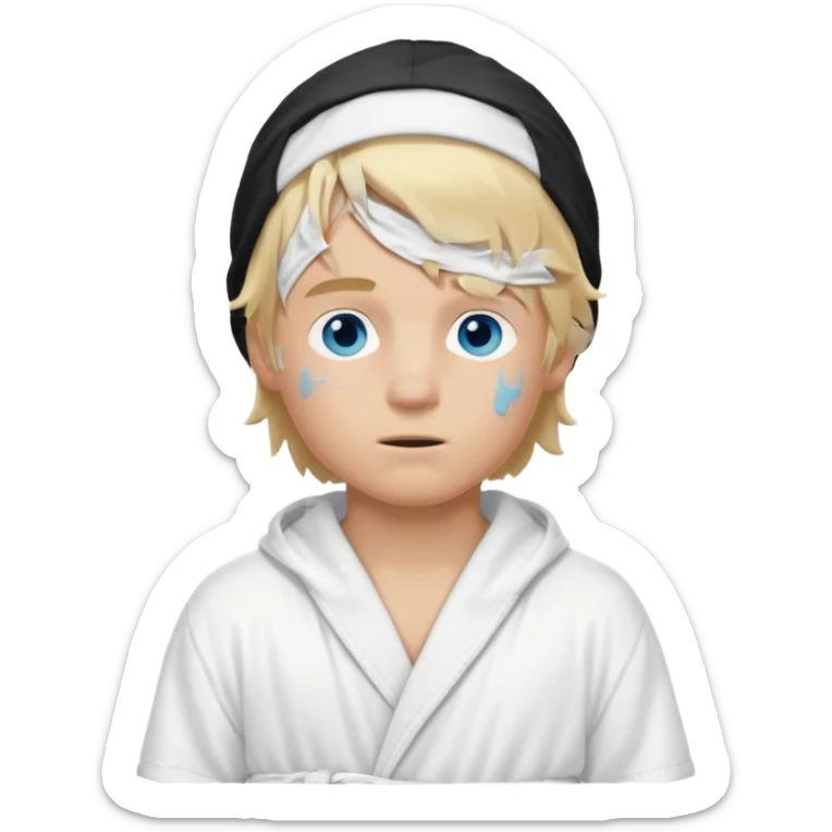 Create a blond boy with long, messy hair, light eyes, a white t-shirt, long hair, blue eyes, medium length, voluminous, wearing a white Nike bathrobe and a little blush near his nose. He also wears a balaclava, the kind a gangster balaclava wears, covering his entire face, and make him cute. sticker