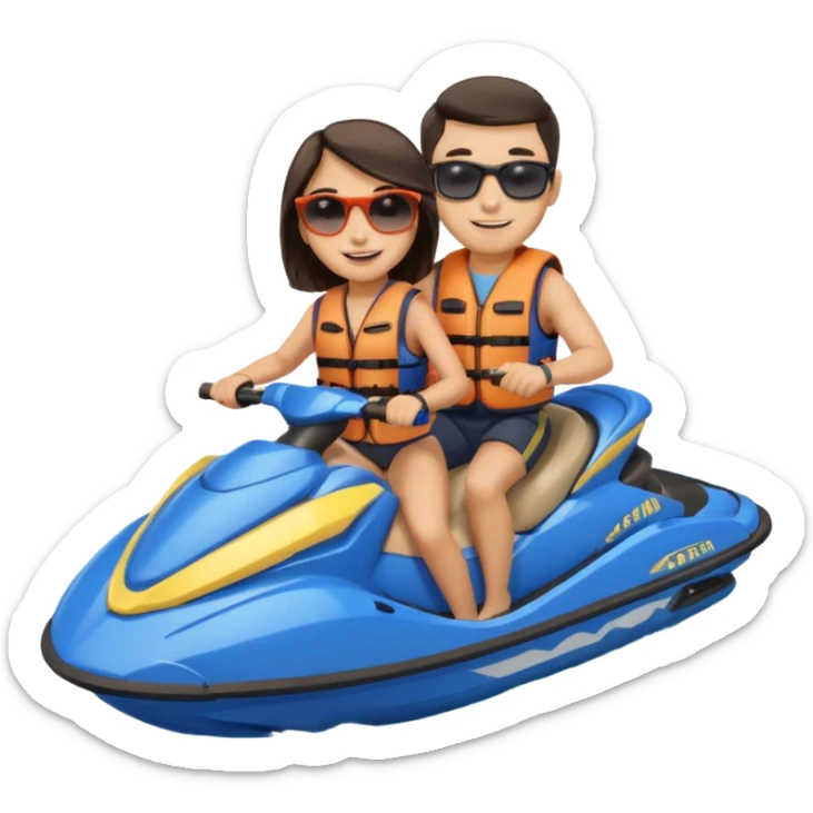 Light tan male dark hair & light tan female dark hair on a blue jet ski sticker