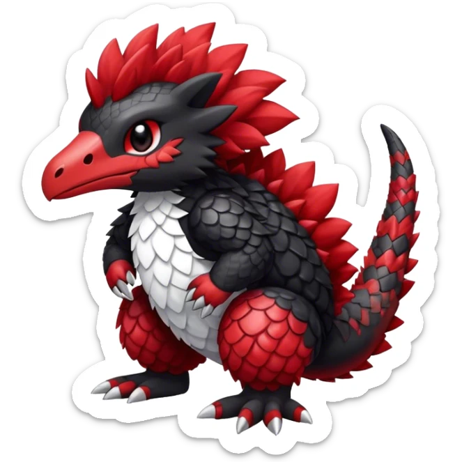 Cute cool black red white animal hybrid Fakemon full body, detailed, fluffy, scaly, edgy sticker