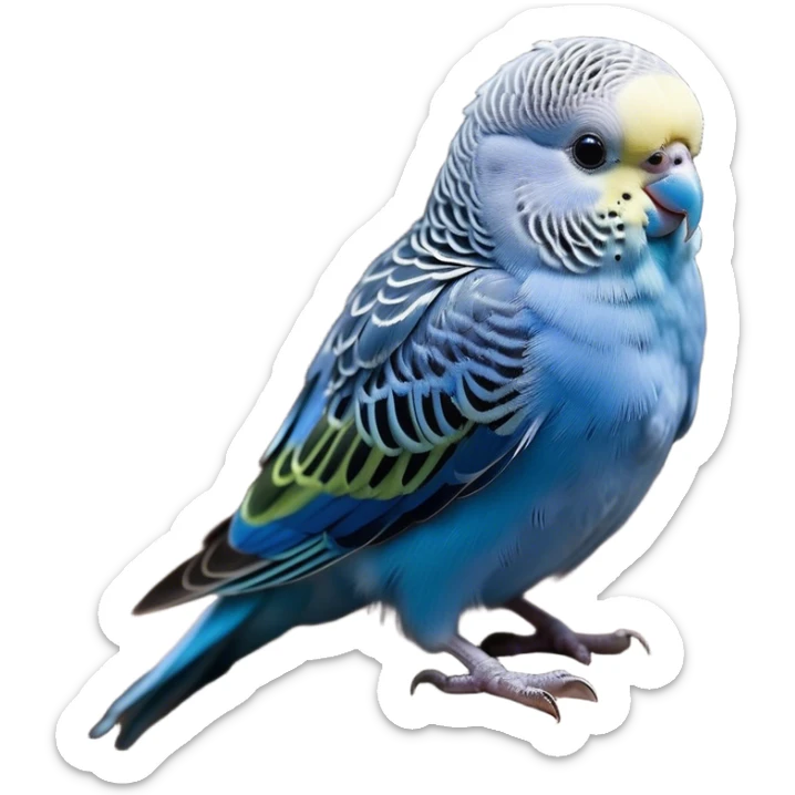 Cinematic Noble Blue Budgie Portrait Emoji, Poised and regal, with a petite, delicate build and a smooth, well-groomed fur of vibrant blue feathers, deep-set soulful dark eyes, Simplified yet sharp and sophisticated features, highly detailed, glowing with a soft, dignified glow, high shine, intelligent and charming, stylized with an air of elegance, focused and attentive, soft glowing outline, capturing the essence of a watchful and confident avian companion, so majestic it feels as though it could flutter out of the screen with effortless authority! sticker