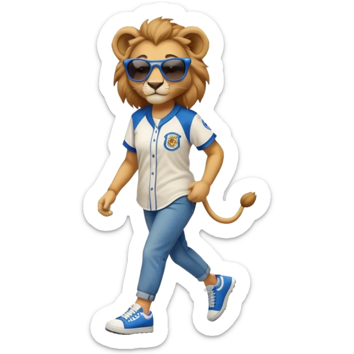 friendly anthropomorphised female lion wearing a baseball shirt, jeans, trainers, dark sunglasses, walking upright with a confident stride sticker