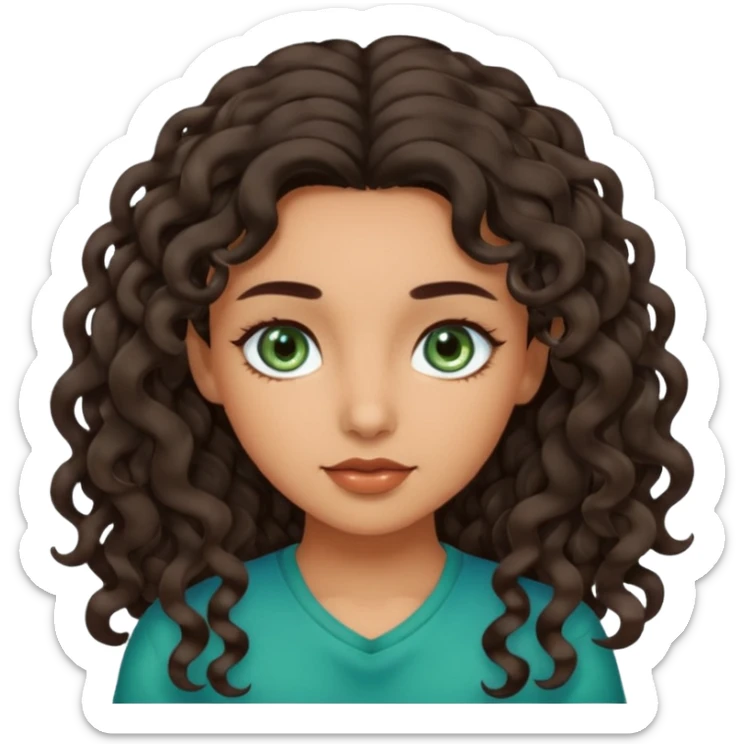 Olive skin girl with long curly dark brown hair blueish green eyes sticker