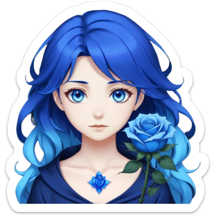 anime girl with dark blue hair, blue rose in hair, glowing blue eyes, Solo Leveling style, sharp features, blue magical aura, 2D emoji sticker