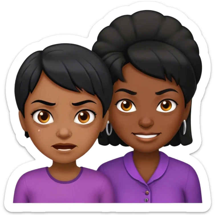 a black-skinned angry girl with black hair next to an older black lady who smile sticker
