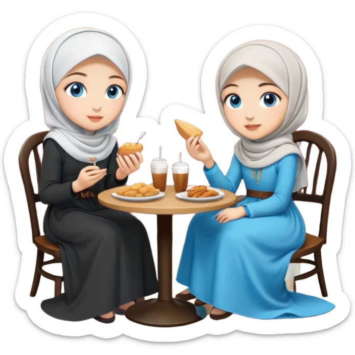 Turkish beautiful finish Konya girls blue eyes with lovely hijab long tail dress and the two friends sits on the chair on the ground and eating the food in the restaurant  sticker