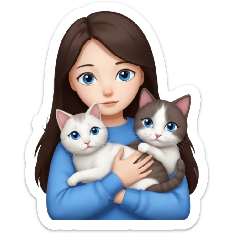 a girl with long dark 
brown hair, with blue eyes, in a
white sweater, hugs 3 different natural coloured cats sticker