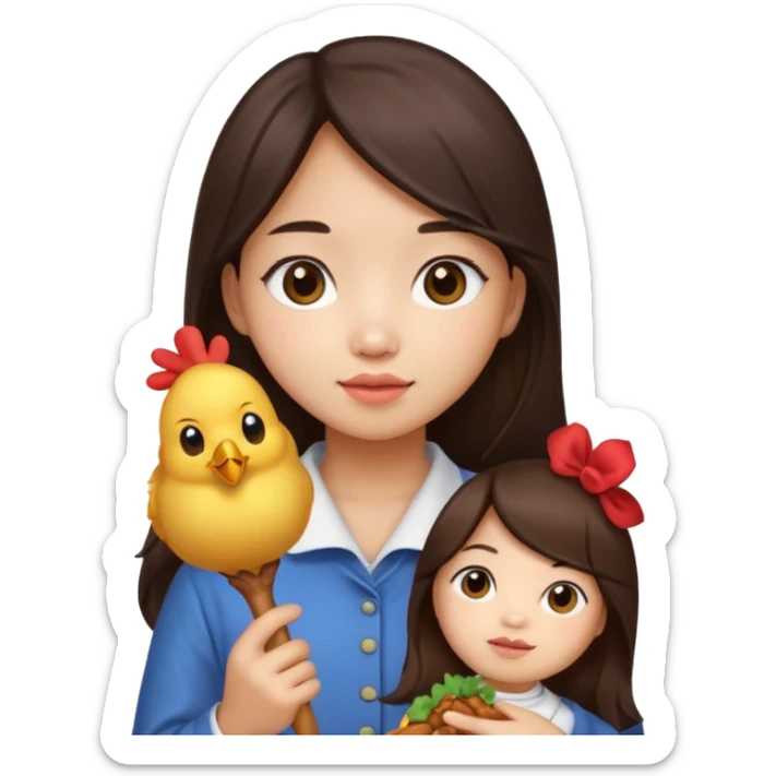 korean girl with long dark brown hair holding a chicken drumstick, cute emoji style sticker