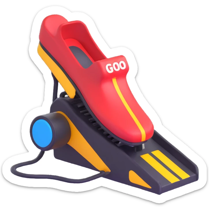 A simple 2D emoji-style illustration of a right foot pressing down on a car gas pedal. The pedal is labeled with “GO” and motion lines show acceleration. Bright, clean cartoon style with clear shapes and bold colors. sticker