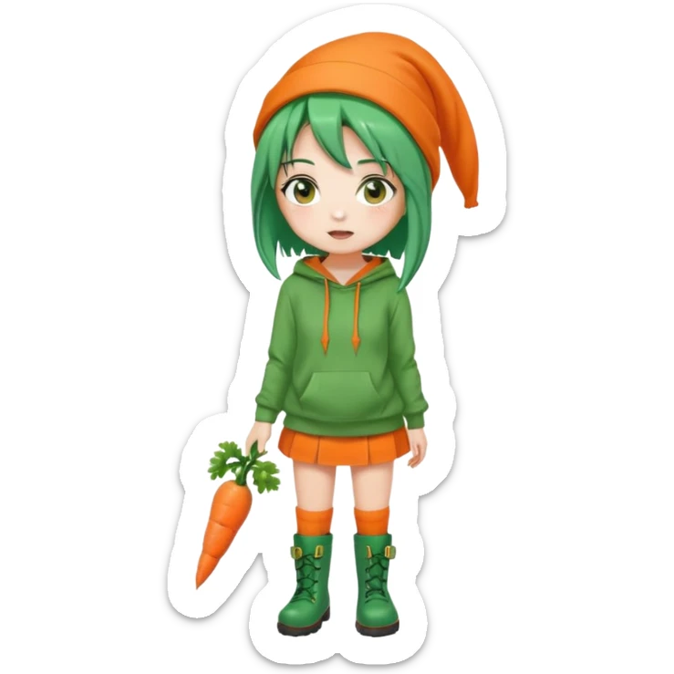 cute green-haired girl with orange eyes, wearing an orange hoodie, green skirt, orange knee socks, and green boots, with a small carrot accessory on her head, big expressive eyes, simple emoji face, round head, clean vector style sticker