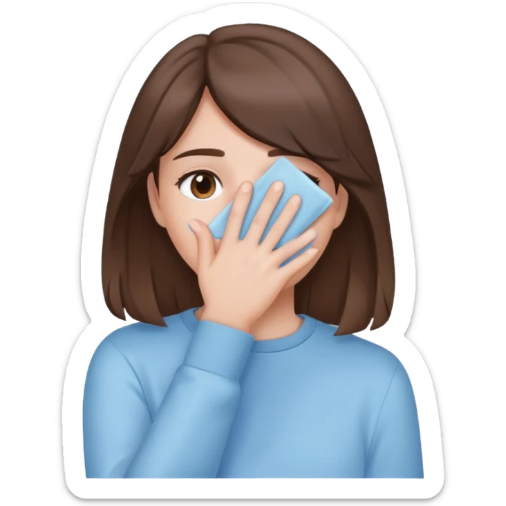 brunette girl with brown hair wearing pastel blue clothes covering her face with her hand sticker