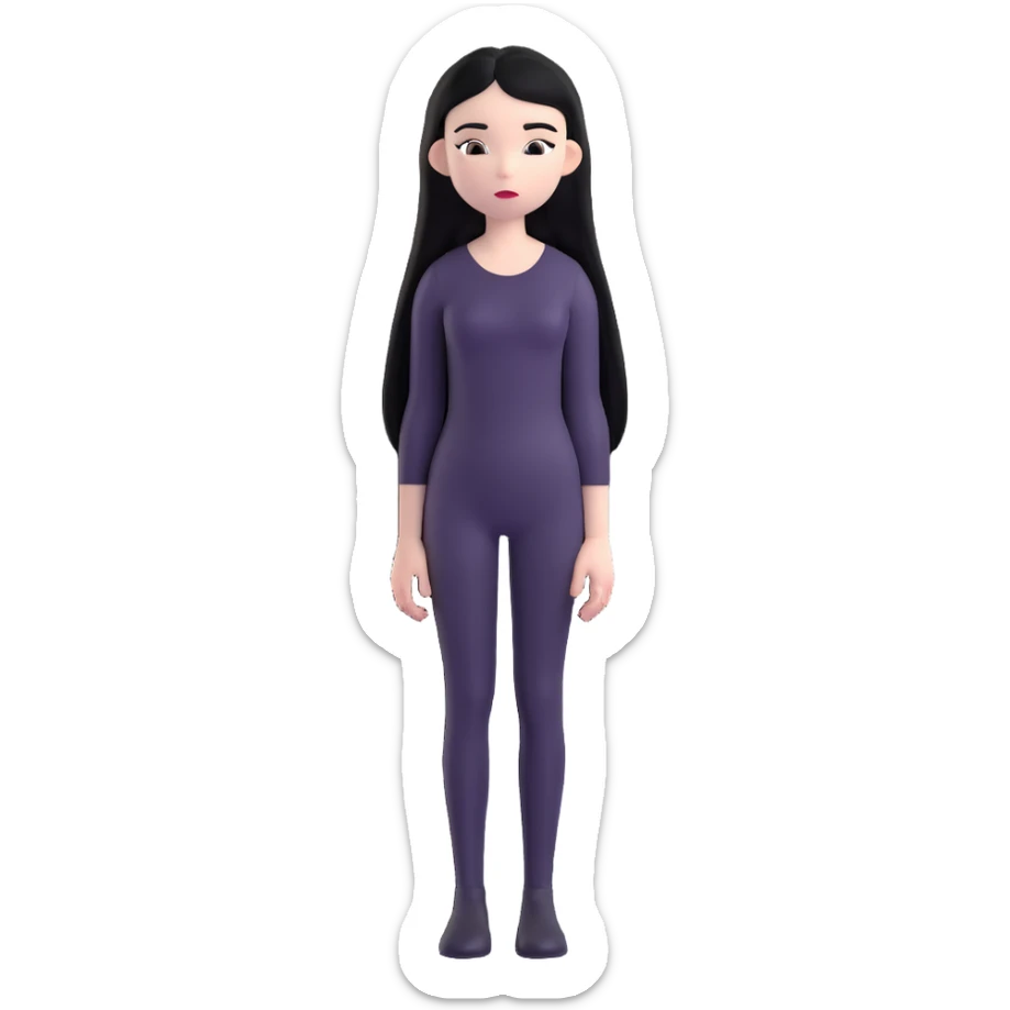 full body emoji of a girl with pale skin, long straight black hair, dressed in all black, standing still, minimal facial expression sticker