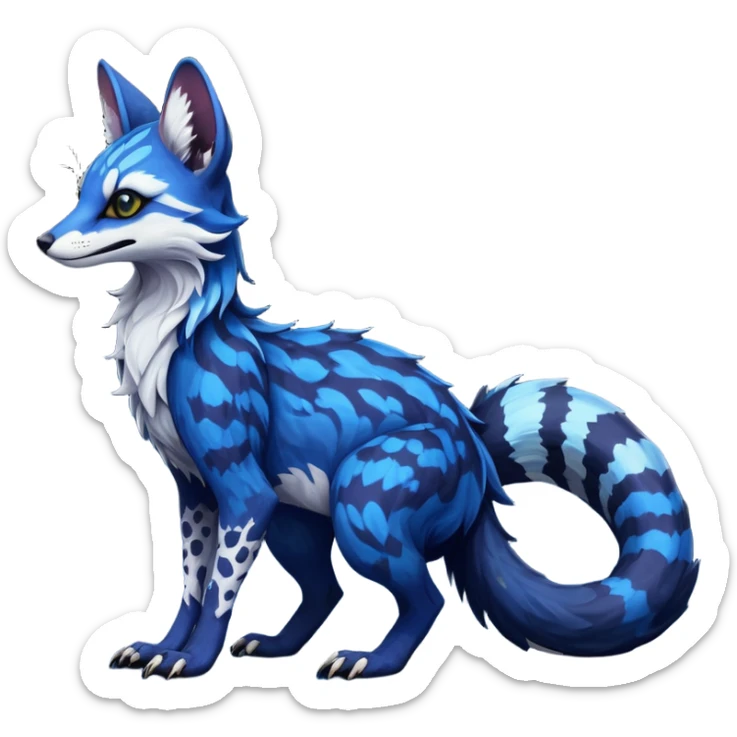 Feral Rare Fantasy scaled scaly evil spooky vibrant dark shady shaded detailed deep-dark-cobalt-blue-gradients-colored colorful Vernid-Sergal-Genet-Trico-Fox-species by LiLaiRa, with dark-blackish points, white belly, random markings, tufted tail, tufted ears, full body sticker
