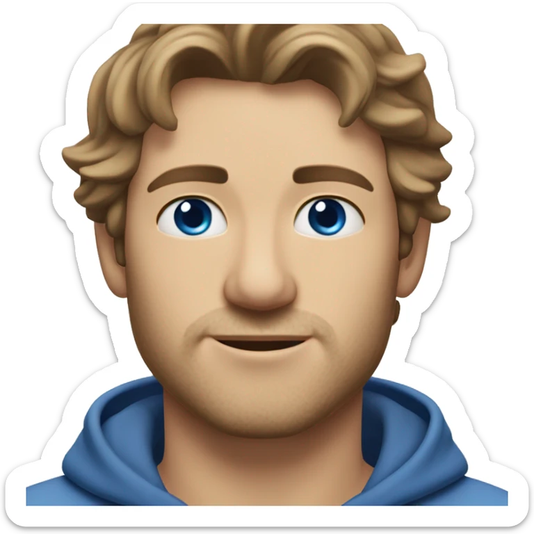 A head and shoulders shot of a 33 year old Caucasian man, with short brown hair,   with blue eyes wearing a t-shirt. sticker