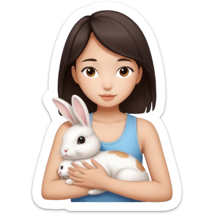 A young Asian woman with dark brown, almost Asian girl with dark brown hair, brown eyes, light Asian skin, add soft makeup and dress in tank top and hugging a one white rabbit with light brown spots, soft and warm atmosphere.
  sticker